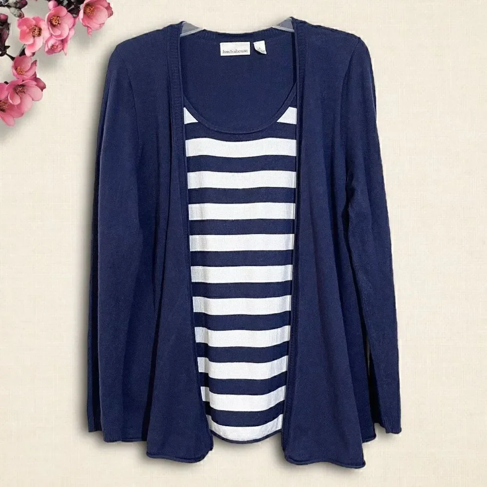 Navy & White Stripe Pullover Faux Cardigan Sweater Sz L 12-14